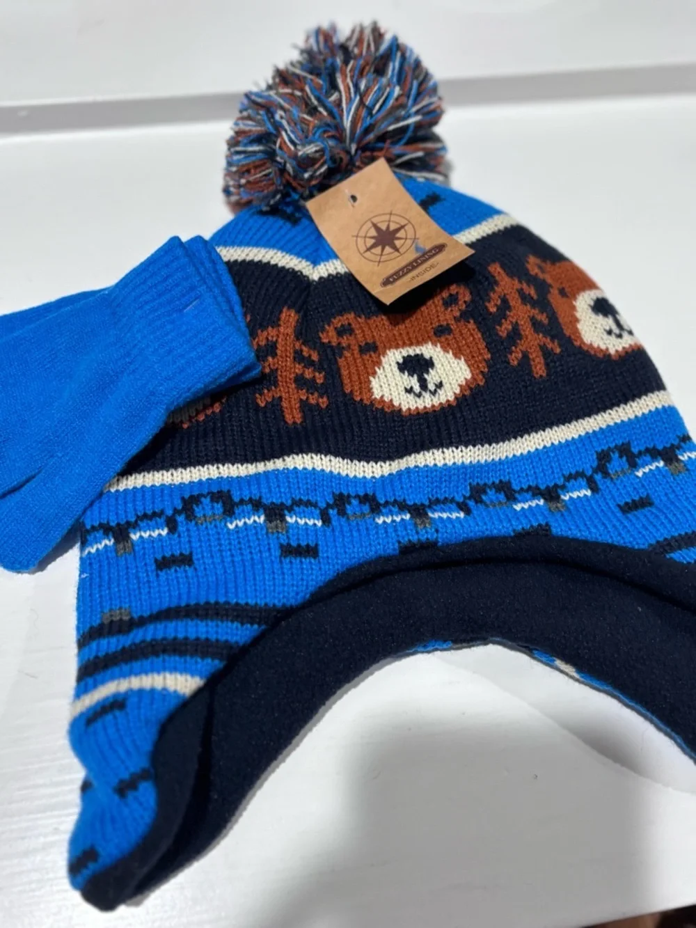 Youth Kids Blue Bear Knit Pom Beanie with Matching Mittens NWT
